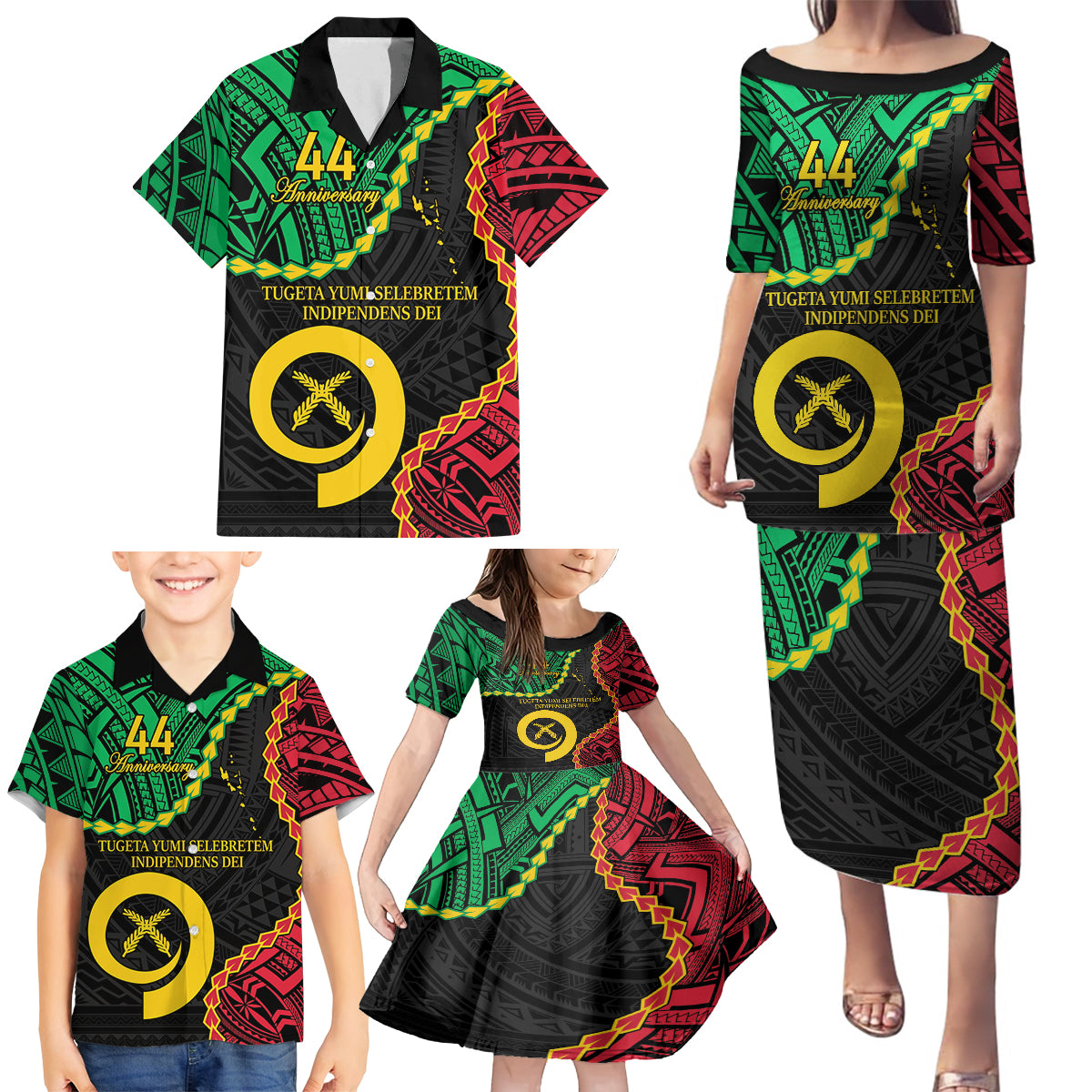 Personalised Vanuatu 44th Anniversary Family Matching Puletasi and Hawaiian Shirt Tugeta Yumi Selebretem Indipendens Dei LT9 - Polynesian Pride