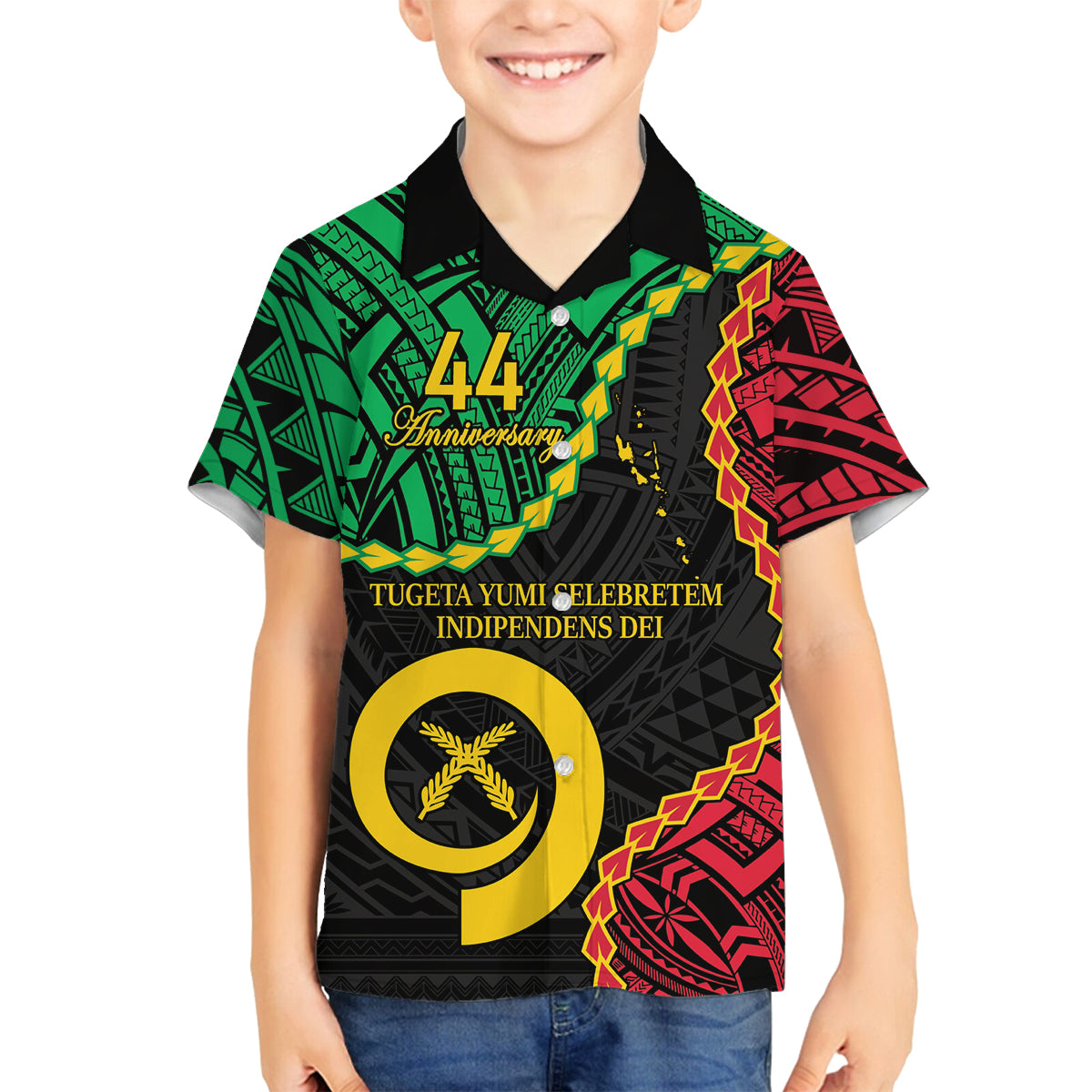Personalised Vanuatu 44th Anniversary Family Matching Puletasi and Hawaiian Shirt Tugeta Yumi Selebretem Indipendens Dei LT9 Son's Shirt Black - Polynesian Pride