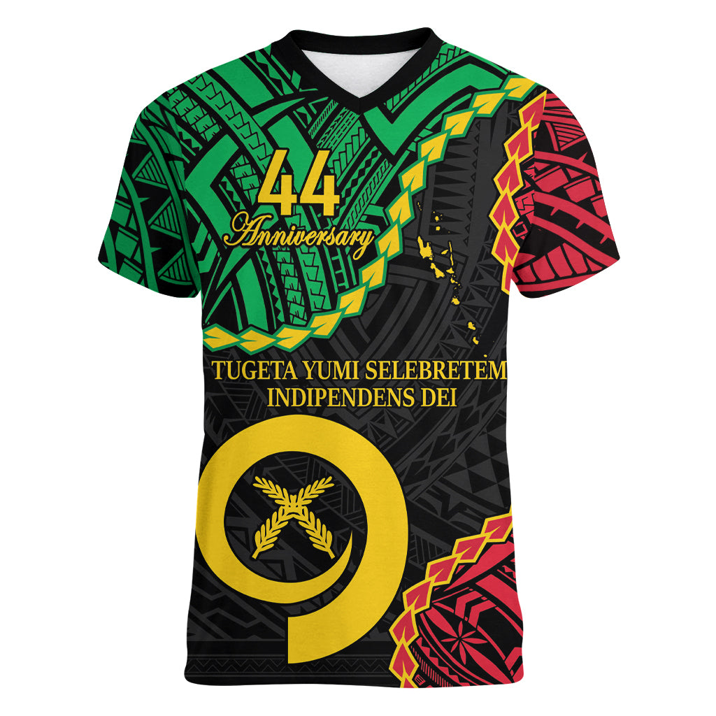 Personalised Vanuatu 44th Anniversary Women V-Neck T-Shirt Tugeta Yumi Selebretem Indipendens Dei