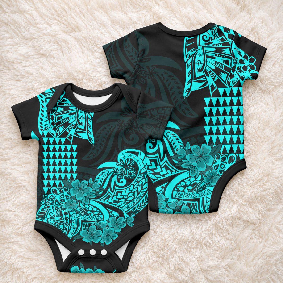 Hawaii Kakau Baby Onesie Polynesian Floral Tribal Aqua Version LT9 - Polynesian Pride