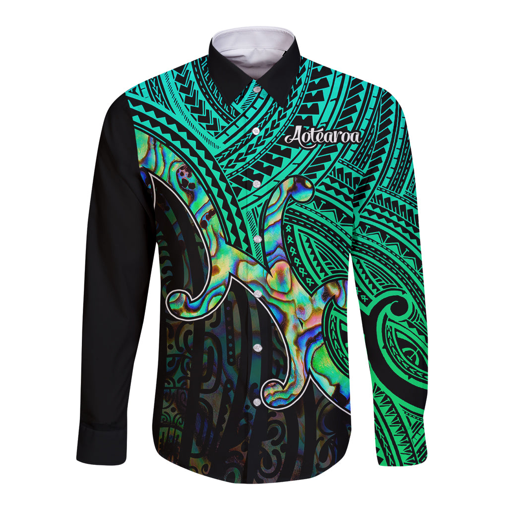 Aotearoa Papua Shell Long Sleeve Button Shirt Maori Tribal Pattern LT9 Unisex Green - Polynesian Pride