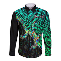 Custom Aotearoa Papua Shell Long Sleeve Button Shirt Maori Tribal Pattern LT9 Unisex Green - Polynesian Pride