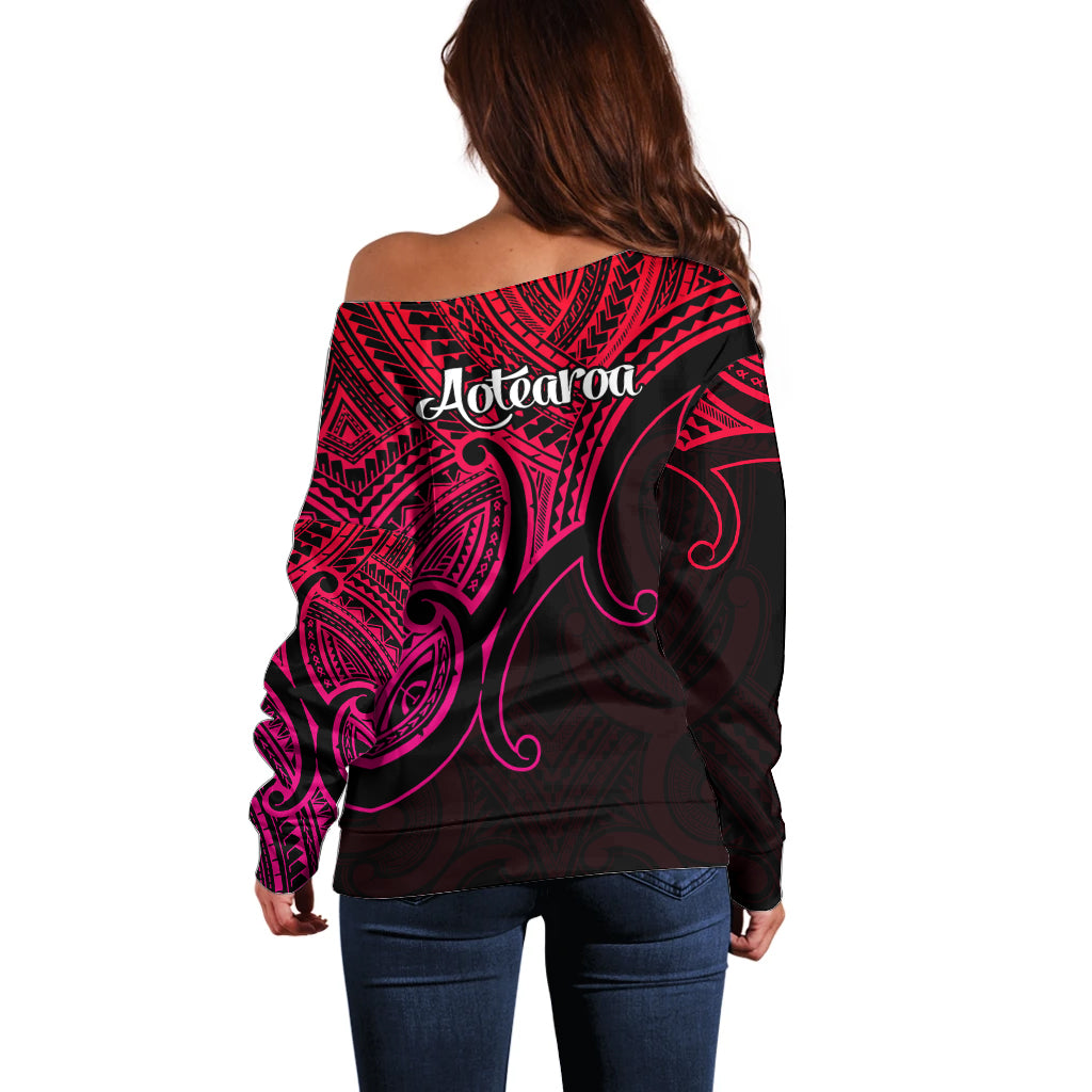 Aotearoa Maori Koru Off Shoulder Sweater Polynesian Pacific Tribal - Pink LT9 - Polynesian Pride