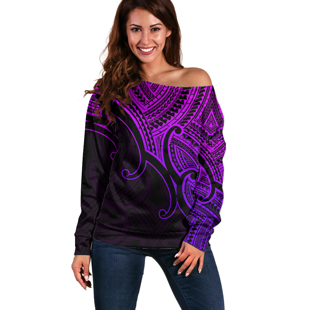 Aotearoa Maori Koru Off Shoulder Sweater Polynesian Pacific Tribal - Purple LT9 Women Purple - Polynesian Pride