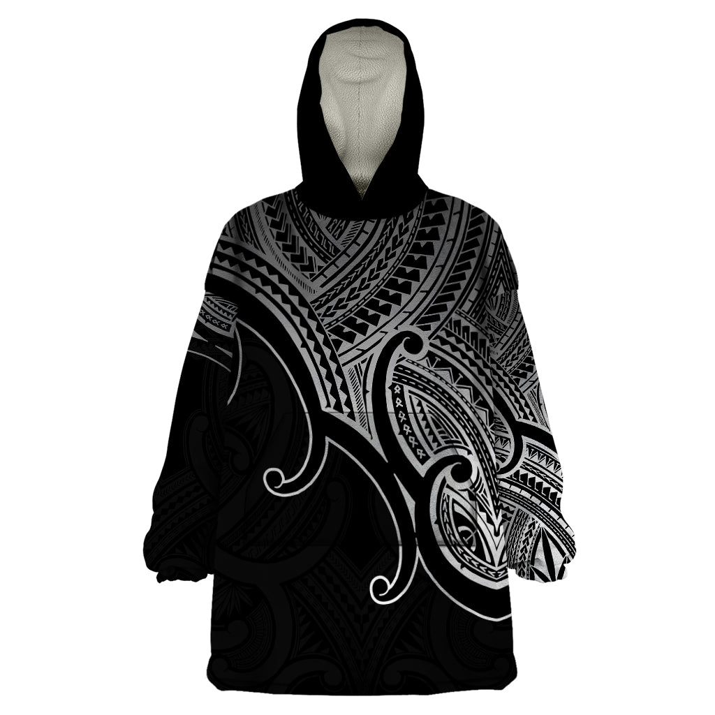 Custom Aotearoa Maori Koru Wearable Blanket Hoodie Polynesian Pacific Tribal - Black LT9 One Size Black - Polynesian Pride