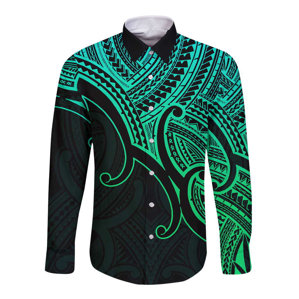 Custom Aotearoa Maori Koru Long Sleeve Button Shirt Polynesian Pacific Tribal - Green LT9 Unisex Green - Polynesian Pride