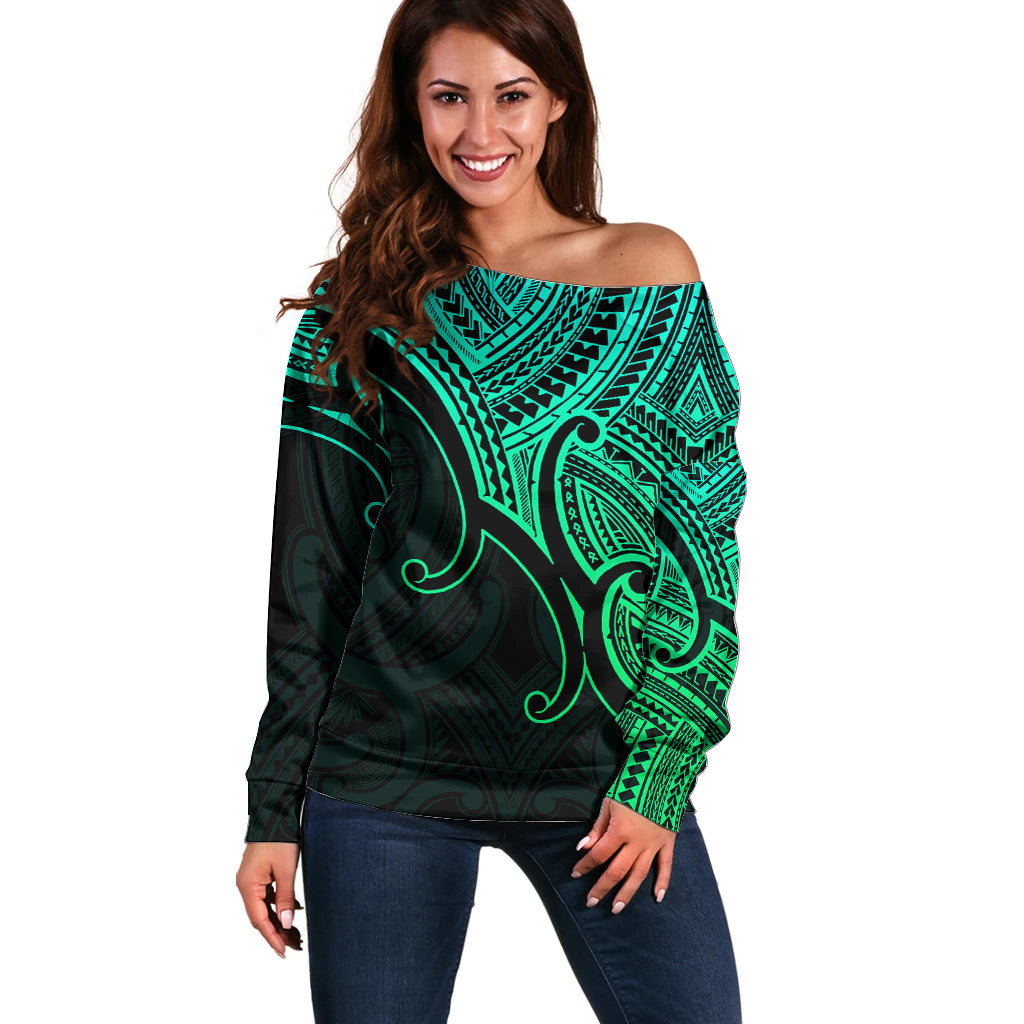 Custom Aotearoa Maori Koru Off Shoulder Sweater Polynesian Pacific Tribal - Green LT9 Women Green - Polynesian Pride