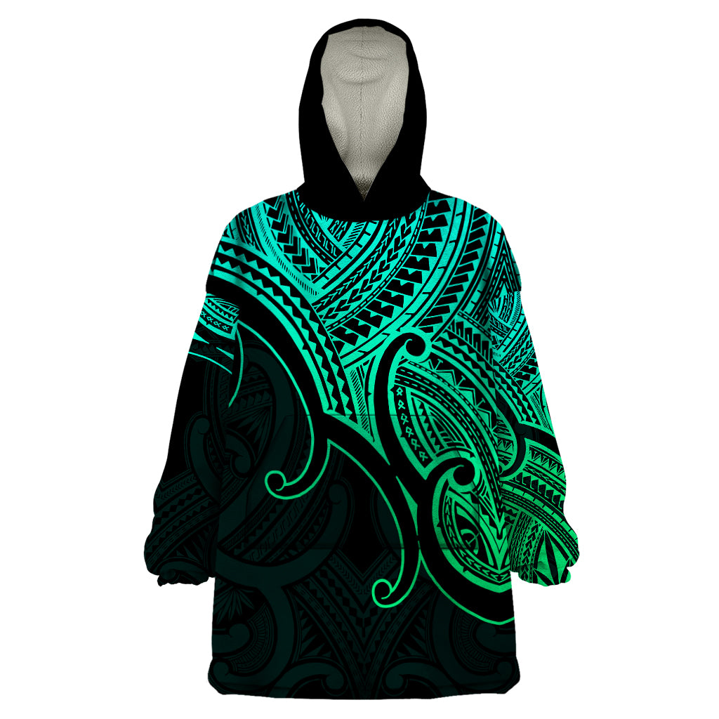 Custom Aotearoa Maori Koru Wearable Blanket Hoodie Polynesian Pacific Tribal - Green LT9 One Size Green - Polynesian Pride