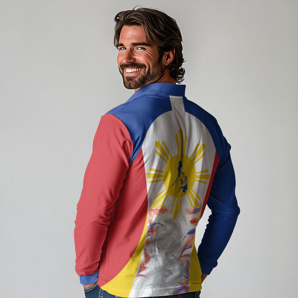 Philippines Flag Day Long Sleeve Polo Shirt Filipino Feather Pattern