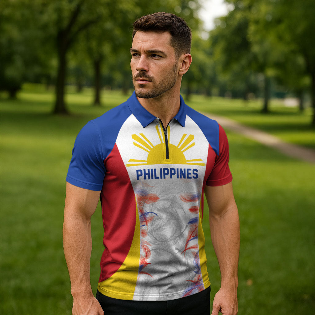 Philippines Flag Day Zipper Polo Shirt Filipino Feather Pattern
