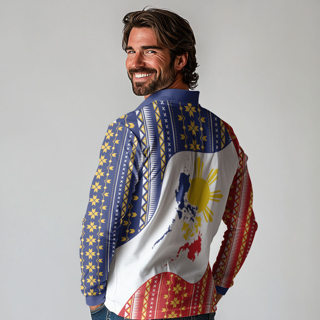 Philippines Flag Day Long Sleeve Polo Shirt Filipino Traditional Igorot Tribal Pattern