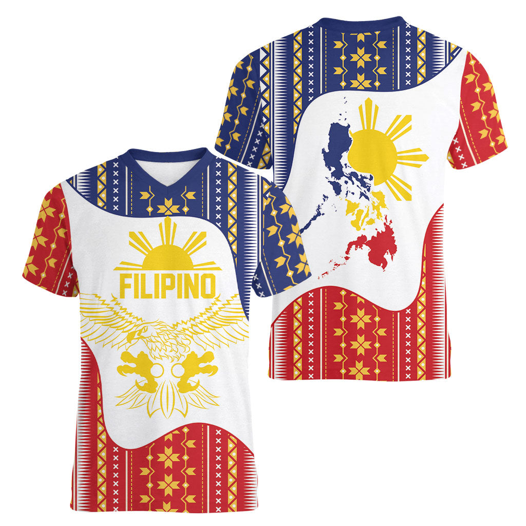 Philippines Flag Day Women V-Neck T-Shirt Filipino Traditional Igorot Tribal Pattern