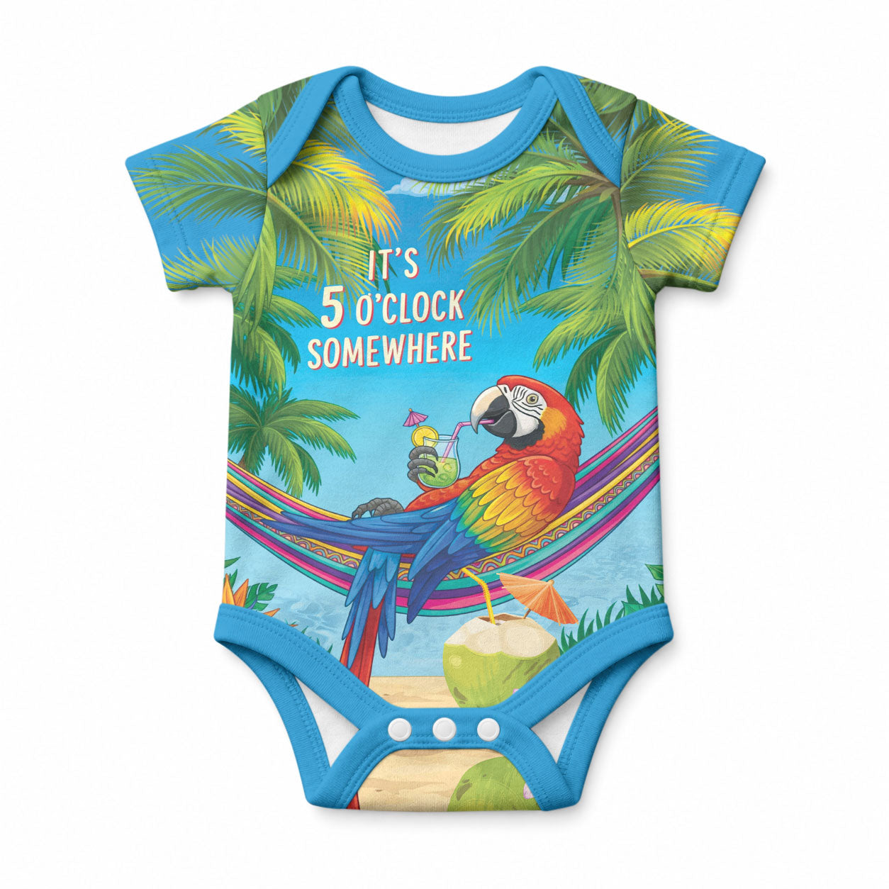 5 Oclock Somewhere Baby Onesie Hawaii Parrots Cocktail Summer Beach Vibe LT9 Blue - Polynesian Pride