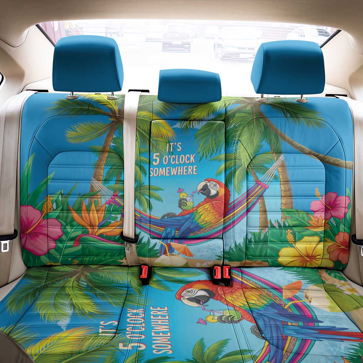 5 Oclock Somewhere Back Car Seat Cover Hawaii Parrots Cocktail Summer Beach Vibe - Polynesian Pride