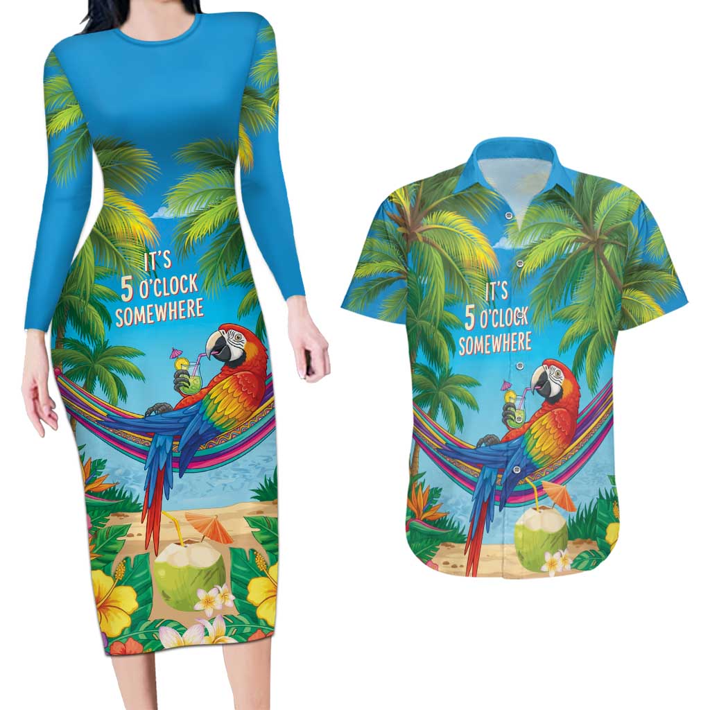 5 Oclock Somewhere Couples Matching Long Sleeve Bodycon Dress and Hawaiian Shirt Hawaii Parrots Cocktail Summer Beach Vibe - Polynesian Pride