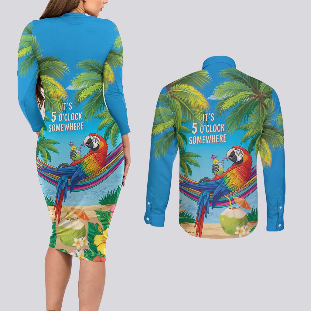 5 Oclock Somewhere Couples Matching Long Sleeve Bodycon Dress and Long Sleeve Button Shirt Hawaii Parrots Cocktail Summer Beach Vibe - Polynesian Pride