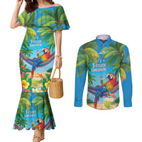5 Oclock Somewhere Couples Matching Mermaid Dress and Long Sleeve Button Shirt Hawaii Parrots Cocktail Summer Beach Vibe - Polynesian Pride