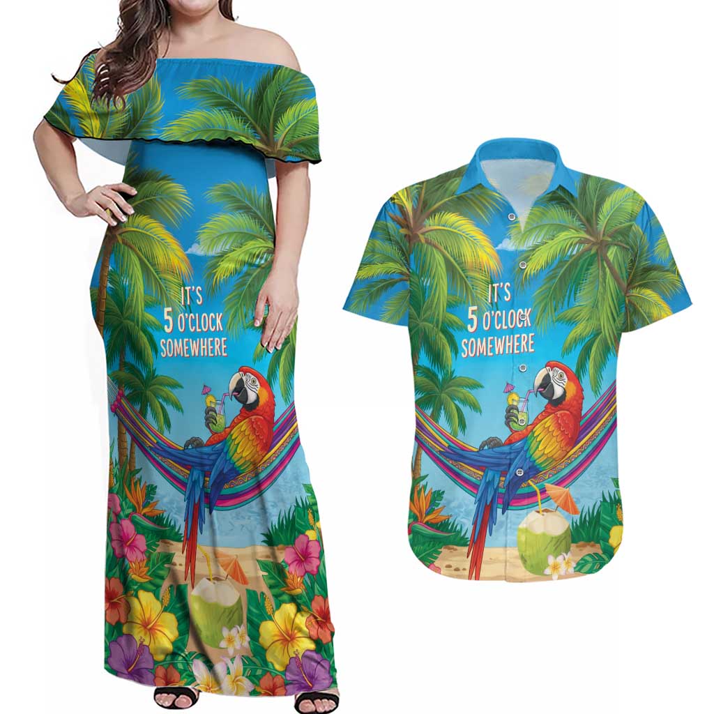 5 Oclock Somewhere Couples Matching Off Shoulder Maxi Dress and Hawaiian Shirt Hawaii Parrots Cocktail Summer Beach Vibe - Polynesian Pride
