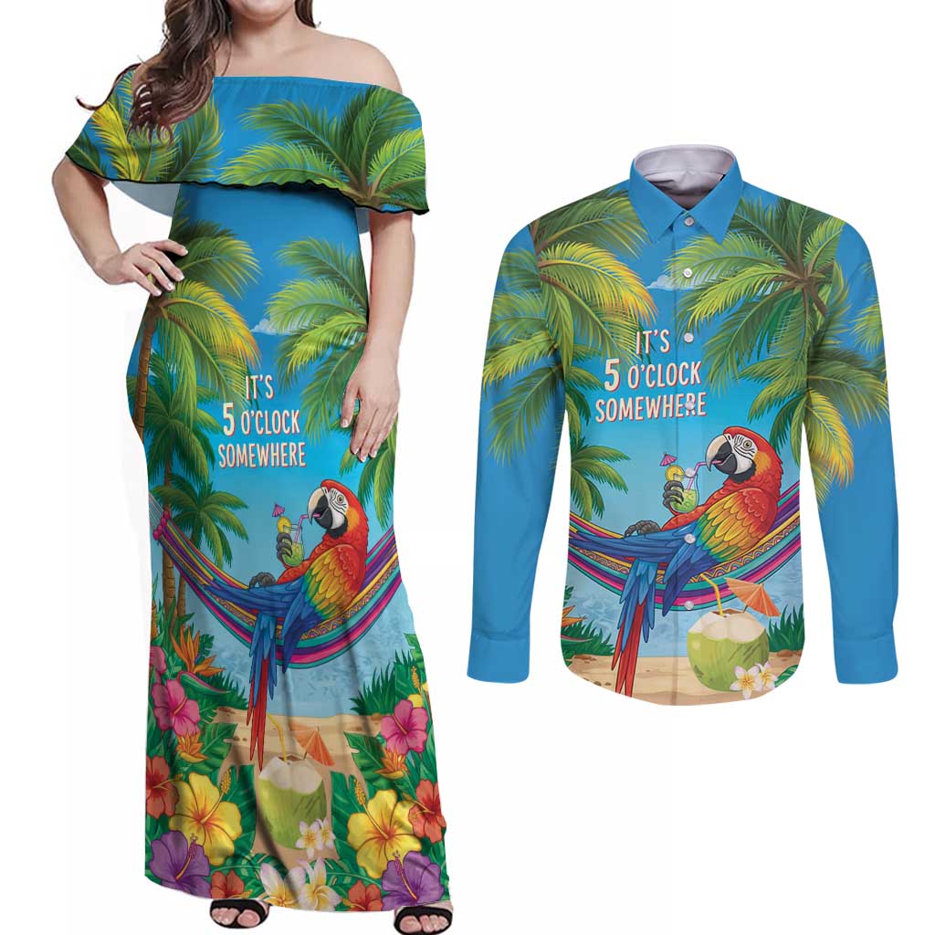 5 Oclock Somewhere Couples Matching Off Shoulder Maxi Dress and Long Sleeve Button Shirt Hawaii Parrots Cocktail Summer Beach Vibe - Polynesian Pride