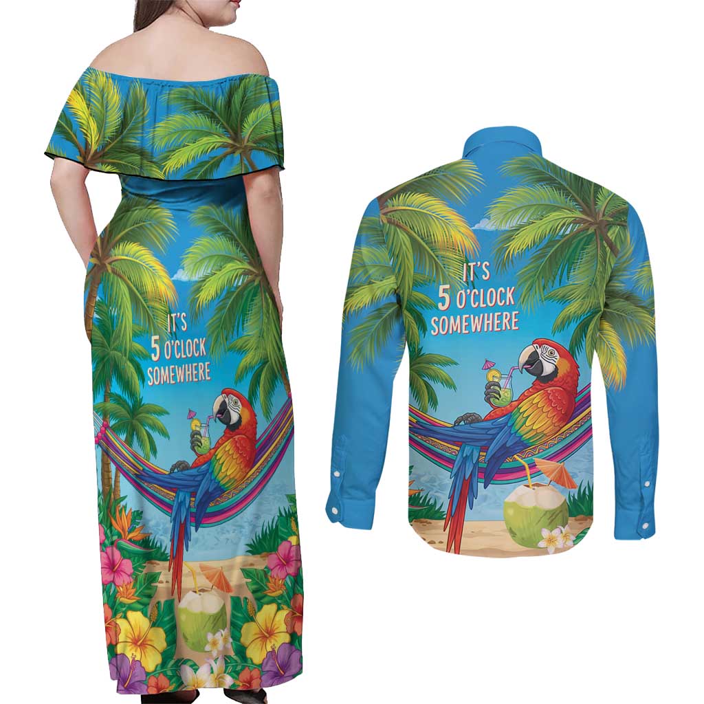 5 Oclock Somewhere Couples Matching Off Shoulder Maxi Dress and Long Sleeve Button Shirt Hawaii Parrots Cocktail Summer Beach Vibe - Polynesian Pride