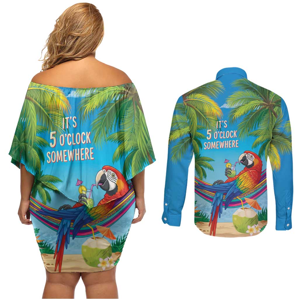 5 Oclock Somewhere Couples Matching Off Shoulder Short Dress and Long Sleeve Button Shirt Hawaii Parrots Cocktail Summer Beach Vibe - Polynesian Pride
