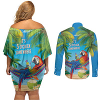 5 Oclock Somewhere Couples Matching Off Shoulder Short Dress and Long Sleeve Button Shirt Hawaii Parrots Cocktail Summer Beach Vibe - Polynesian Pride