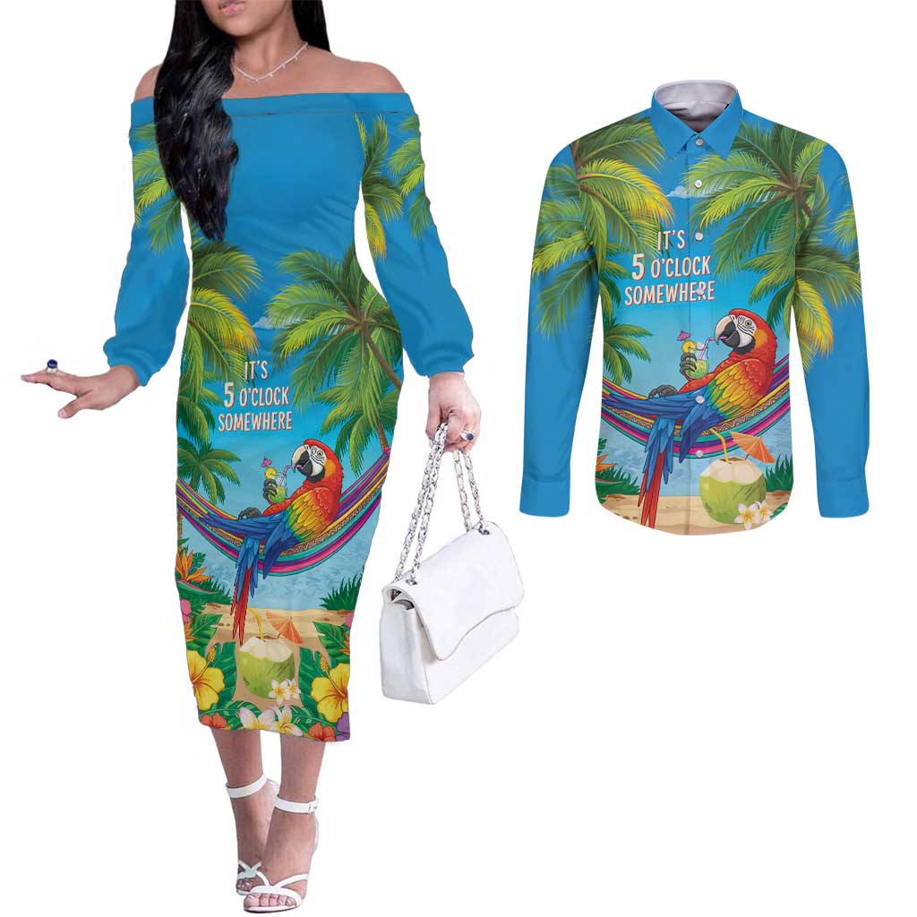5 Oclock Somewhere Couples Matching Off The Shoulder Long Sleeve Dress and Long Sleeve Button Shirt Hawaii Parrots Cocktail Summer Beach Vibe - Polynesian Pride