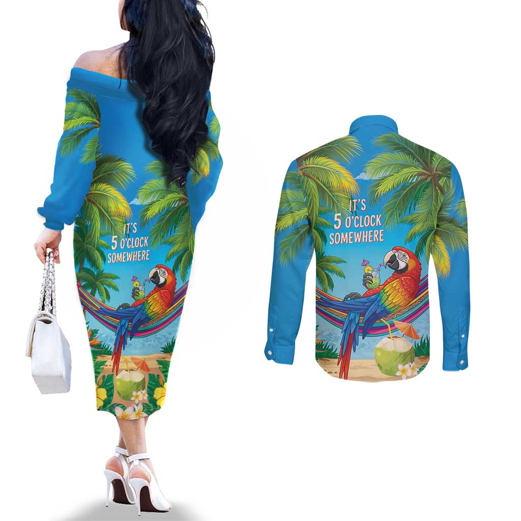 5 Oclock Somewhere Couples Matching Off The Shoulder Long Sleeve Dress and Long Sleeve Button Shirt Hawaii Parrots Cocktail Summer Beach Vibe - Polynesian Pride
