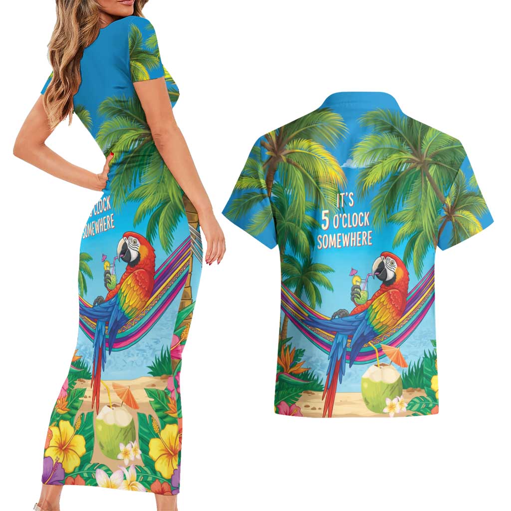 5 Oclock Somewhere Couples Matching Short Sleeve Bodycon Dress and Hawaiian Shirt Hawaii Parrots Cocktail Summer Beach Vibe - Polynesian Pride