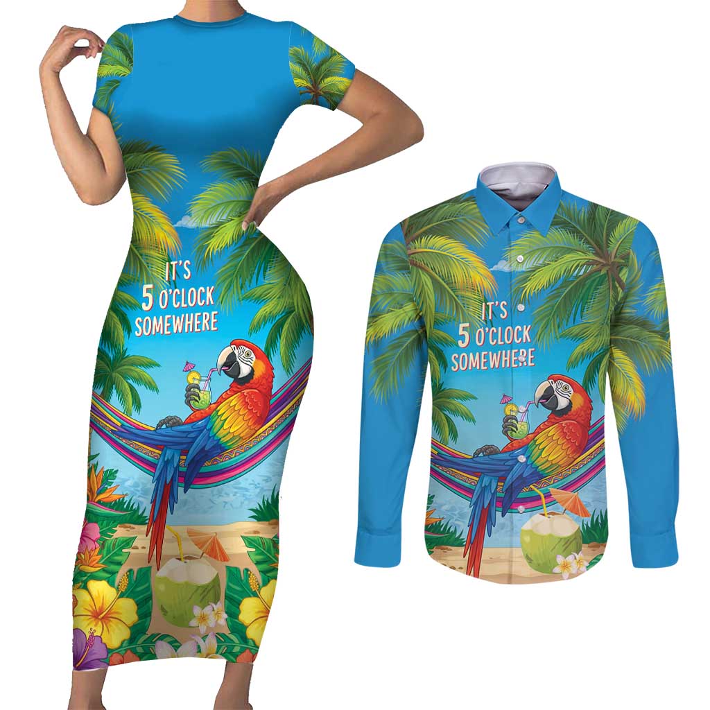 5 Oclock Somewhere Couples Matching Short Sleeve Bodycon Dress and Long Sleeve Button Shirt Hawaii Parrots Cocktail Summer Beach Vibe - Polynesian Pride
