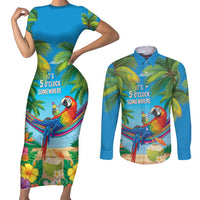 5 Oclock Somewhere Couples Matching Short Sleeve Bodycon Dress and Long Sleeve Button Shirt Hawaii Parrots Cocktail Summer Beach Vibe - Polynesian Pride