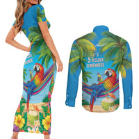 5 Oclock Somewhere Couples Matching Short Sleeve Bodycon Dress and Long Sleeve Button Shirt Hawaii Parrots Cocktail Summer Beach Vibe - Polynesian Pride