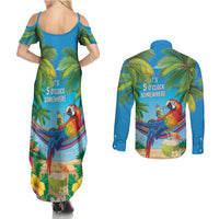 5 Oclock Somewhere Couples Matching Summer Maxi Dress and Long Sleeve Button Shirt Hawaii Parrots Cocktail Summer Beach Vibe - Polynesian Pride
