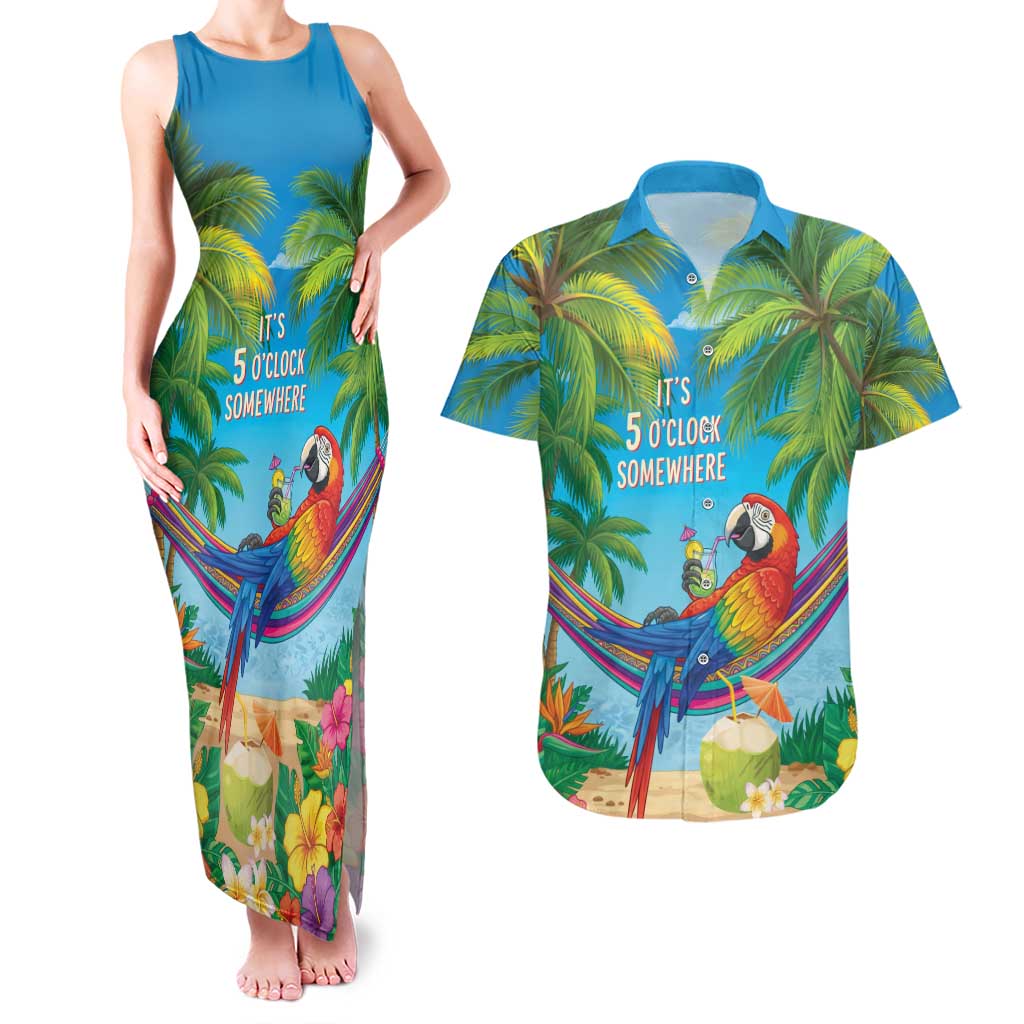 5 Oclock Somewhere Couples Matching Tank Maxi Dress and Hawaiian Shirt Hawaii Parrots Cocktail Summer Beach Vibe - Polynesian Pride
