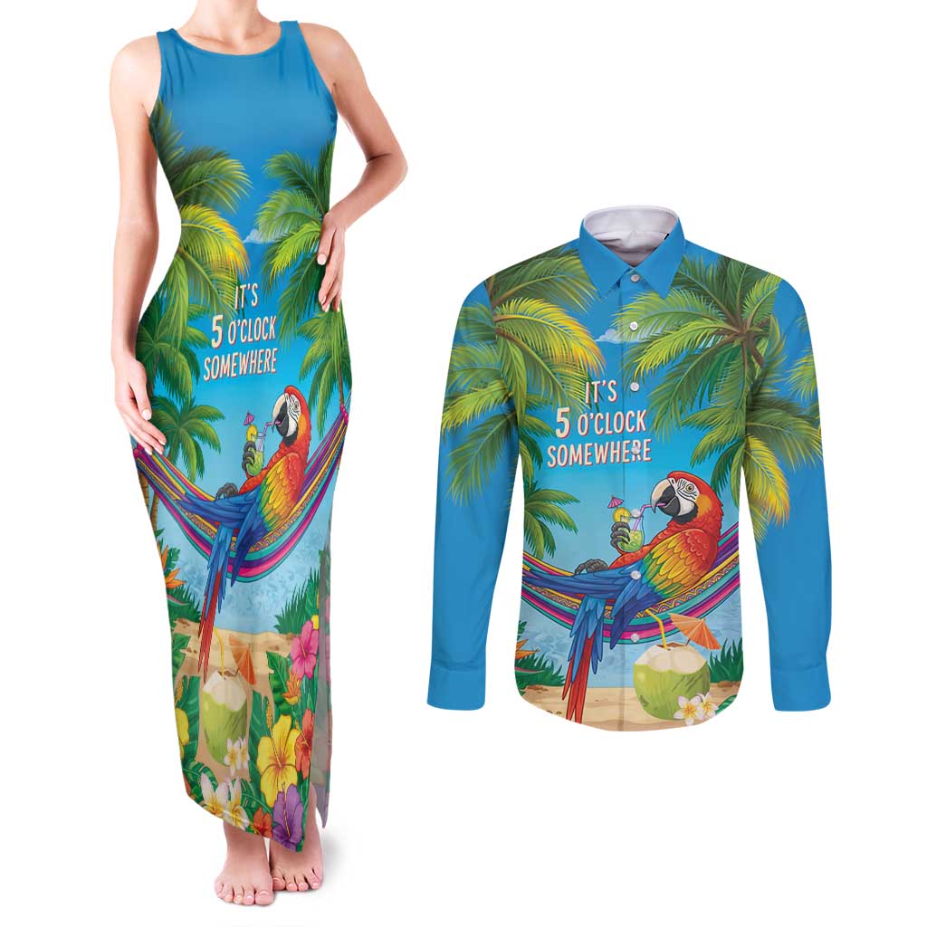 5 Oclock Somewhere Couples Matching Tank Maxi Dress and Long Sleeve Button Shirt Hawaii Parrots Cocktail Summer Beach Vibe - Polynesian Pride
