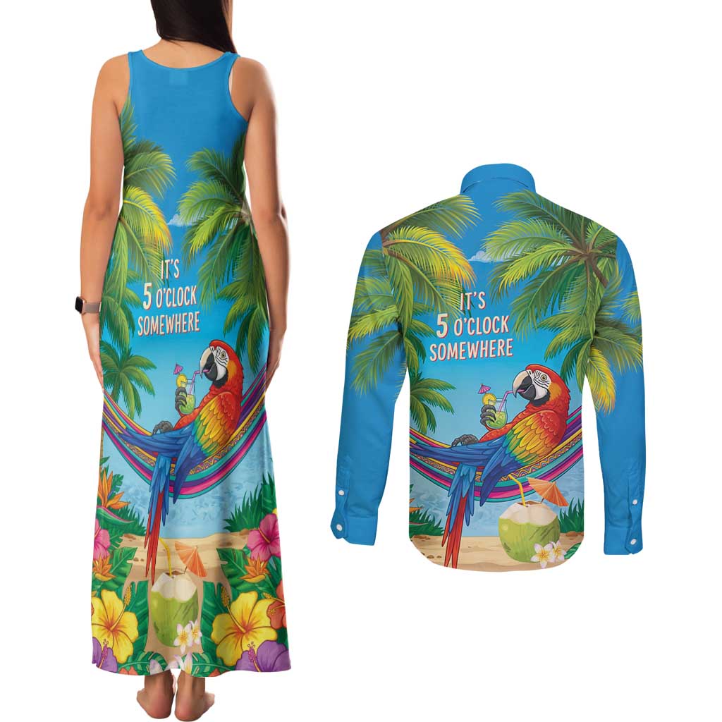 5 Oclock Somewhere Couples Matching Tank Maxi Dress and Long Sleeve Button Shirt Hawaii Parrots Cocktail Summer Beach Vibe - Polynesian Pride