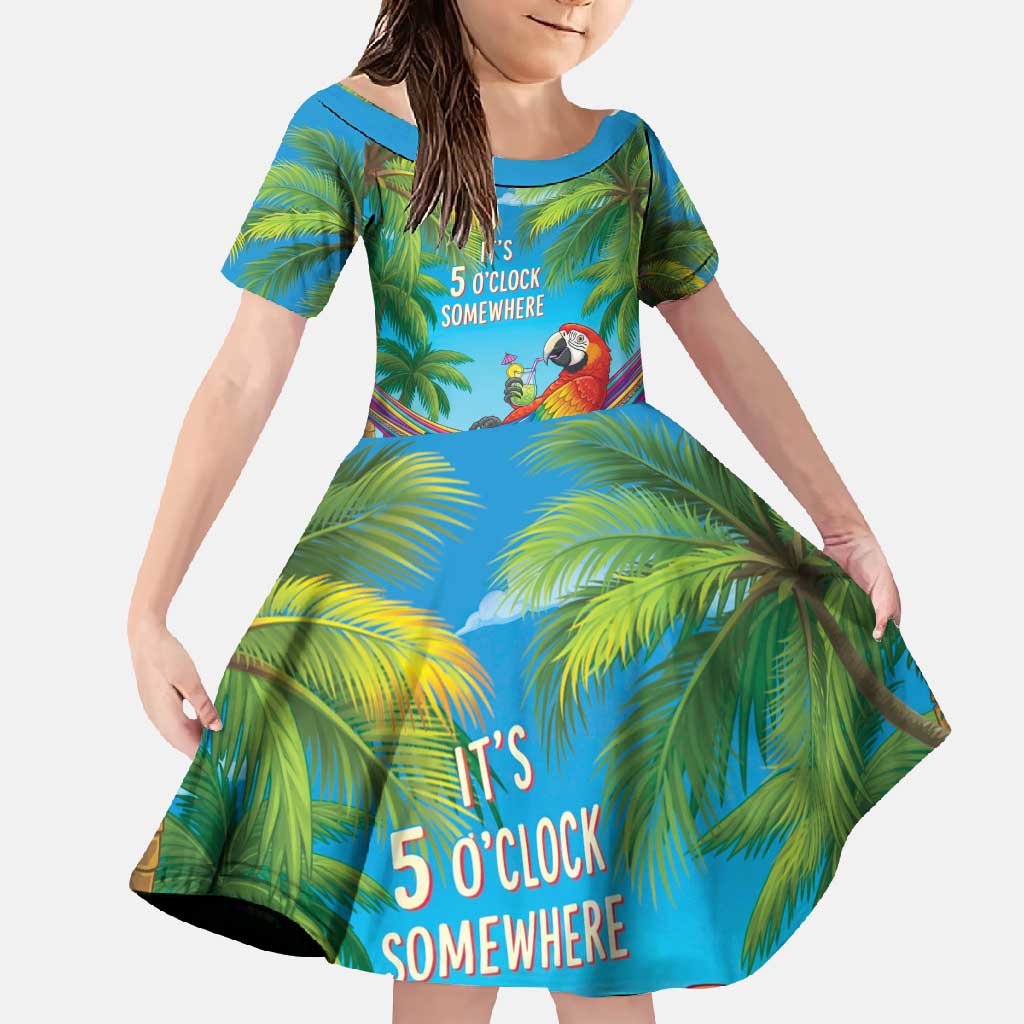 5 Oclock Somewhere Family Matching Long Sleeve Bodycon Dress and Hawaiian Shirt Hawaii Parrots Cocktail Summer Beach Vibe - Polynesian Pride