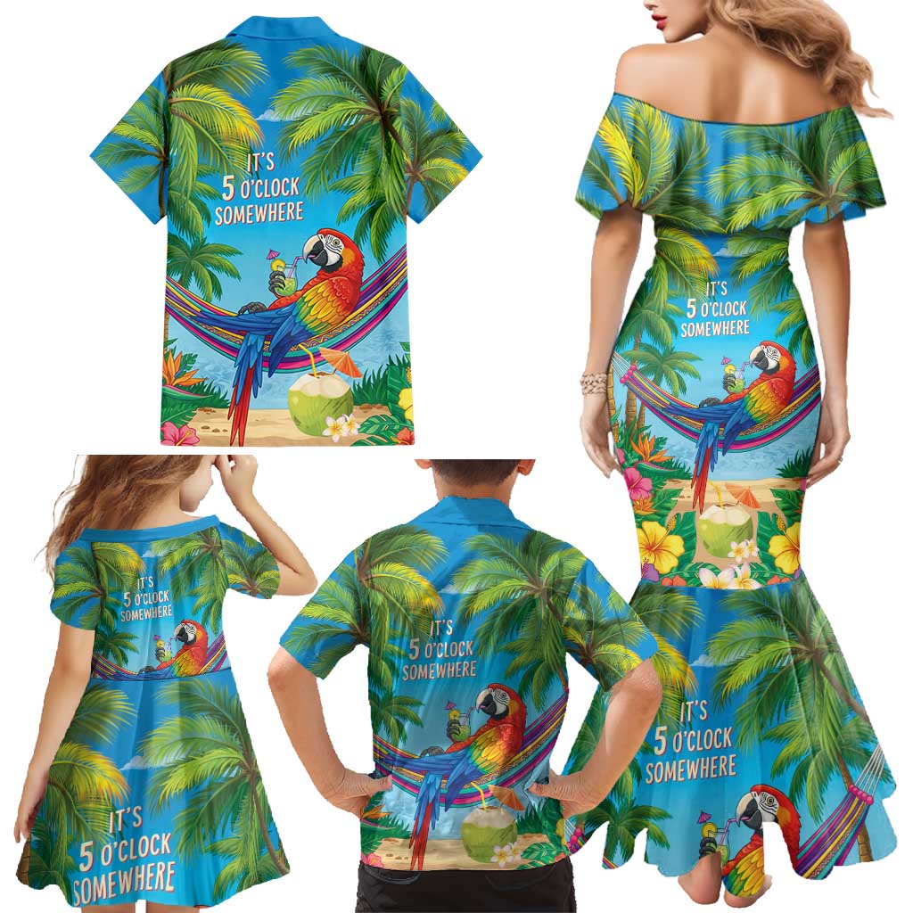 5 Oclock Somewhere Family Matching Mermaid Dress and Hawaiian Shirt Hawaii Parrots Cocktail Summer Beach Vibe LT9 - Polynesian Pride