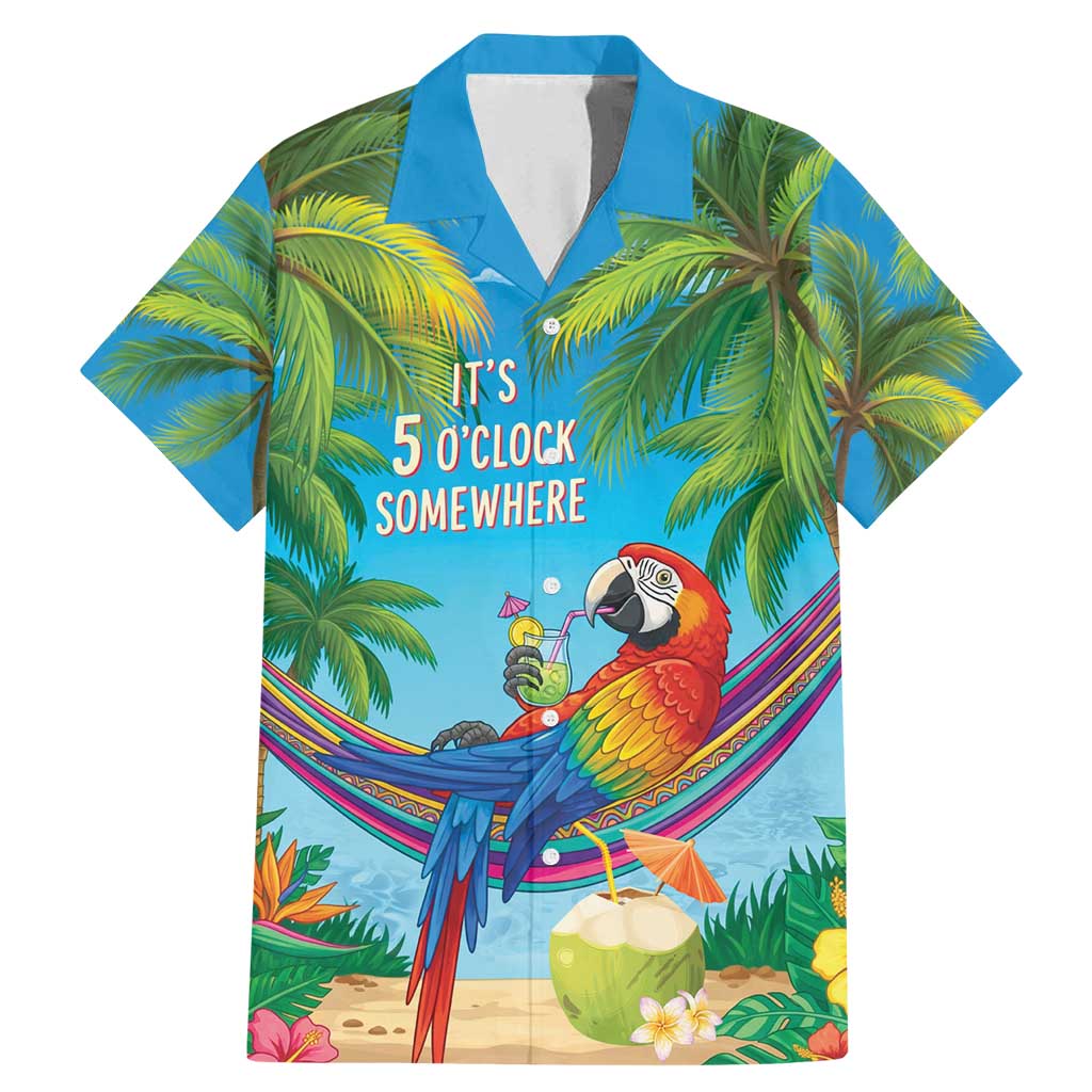 5 Oclock Somewhere Family Matching Mermaid Dress and Hawaiian Shirt Hawaii Parrots Cocktail Summer Beach Vibe LT9 Dad's Shirt - Short Sleeve Blue - Polynesian Pride