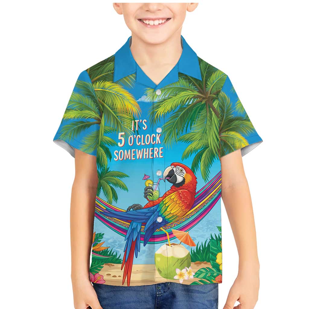 5 Oclock Somewhere Family Matching Mermaid Dress and Hawaiian Shirt Hawaii Parrots Cocktail Summer Beach Vibe LT9 Son's Shirt Blue - Polynesian Pride