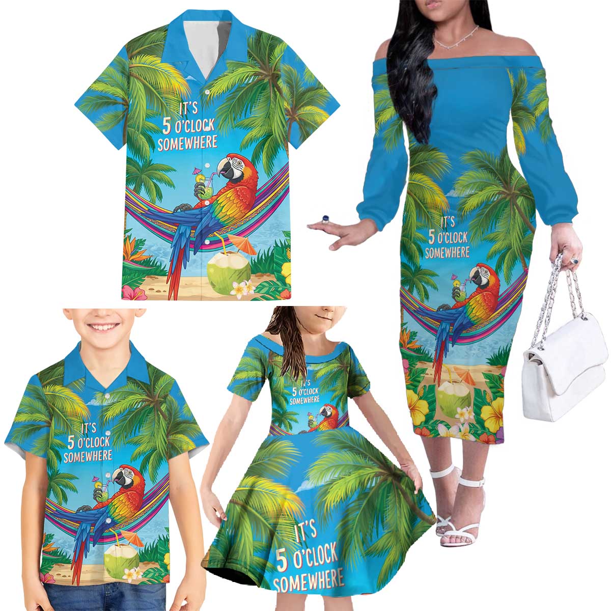 5 Oclock Somewhere Family Matching Off The Shoulder Long Sleeve Dress and Hawaiian Shirt Hawaii Parrots Cocktail Summer Beach Vibe - Polynesian Pride