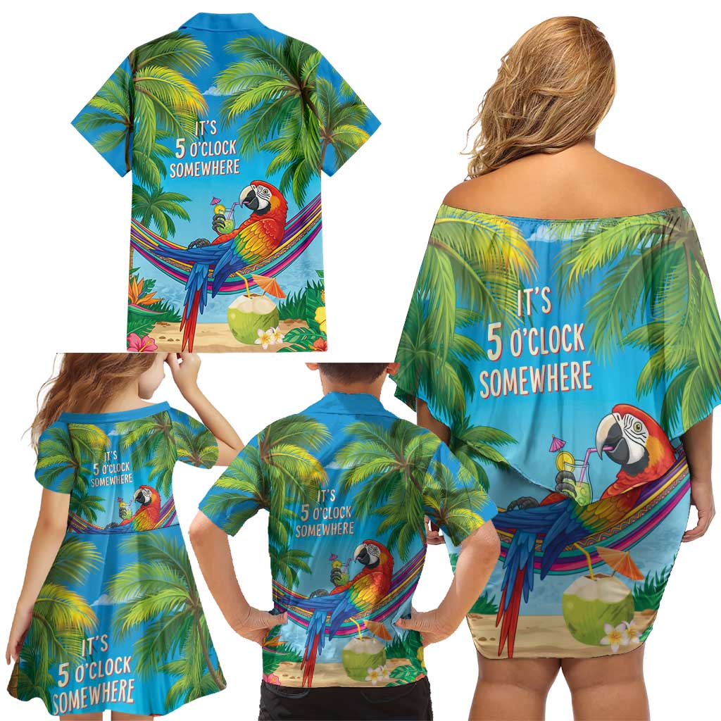 5 Oclock Somewhere Family Matching Off Shoulder Short Dress and Hawaiian Shirt Hawaii Parrots Cocktail Summer Beach Vibe - Polynesian Pride
