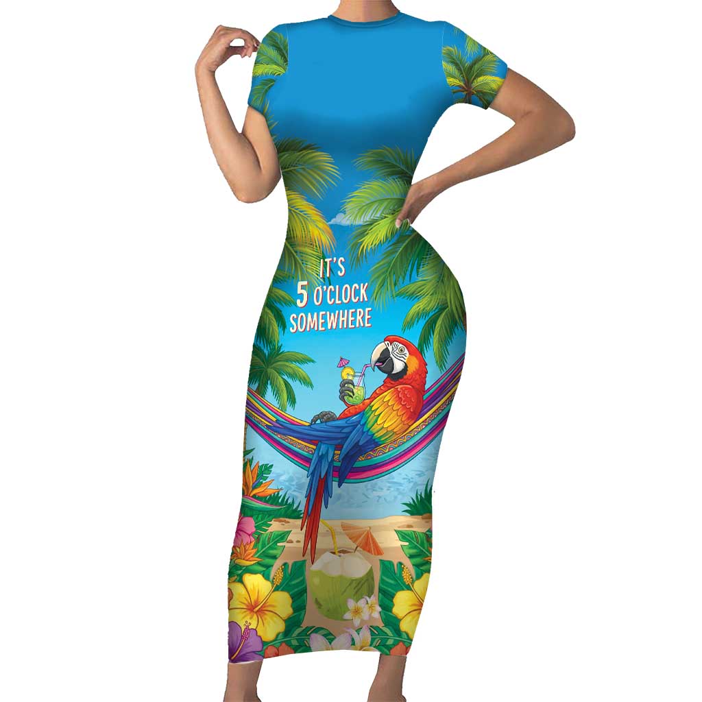 5 Oclock Somewhere Family Matching Short Sleeve Bodycon Dress and Hawaiian Shirt Hawaii Parrots Cocktail Summer Beach Vibe - Polynesian Pride