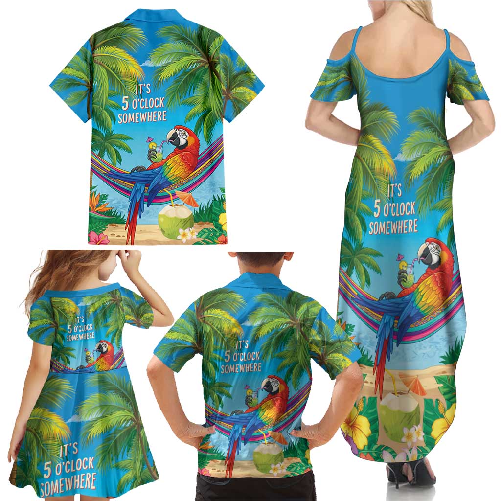 5 Oclock Somewhere Family Matching Summer Maxi Dress and Hawaiian Shirt Hawaii Parrots Cocktail Summer Beach Vibe - Polynesian Pride