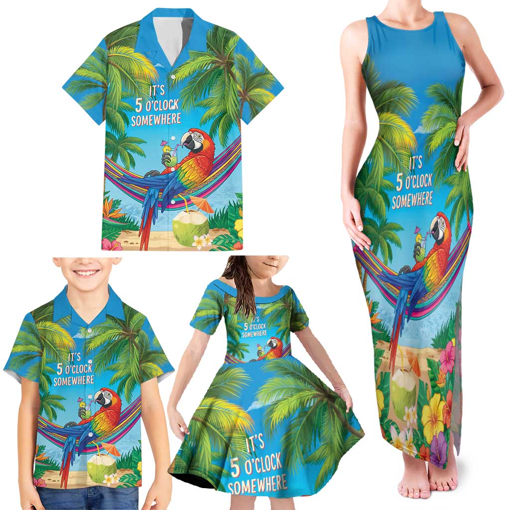 5 Oclock Somewhere Family Matching Tank Maxi Dress and Hawaiian Shirt Hawaii Parrots Cocktail Summer Beach Vibe - Polynesian Pride