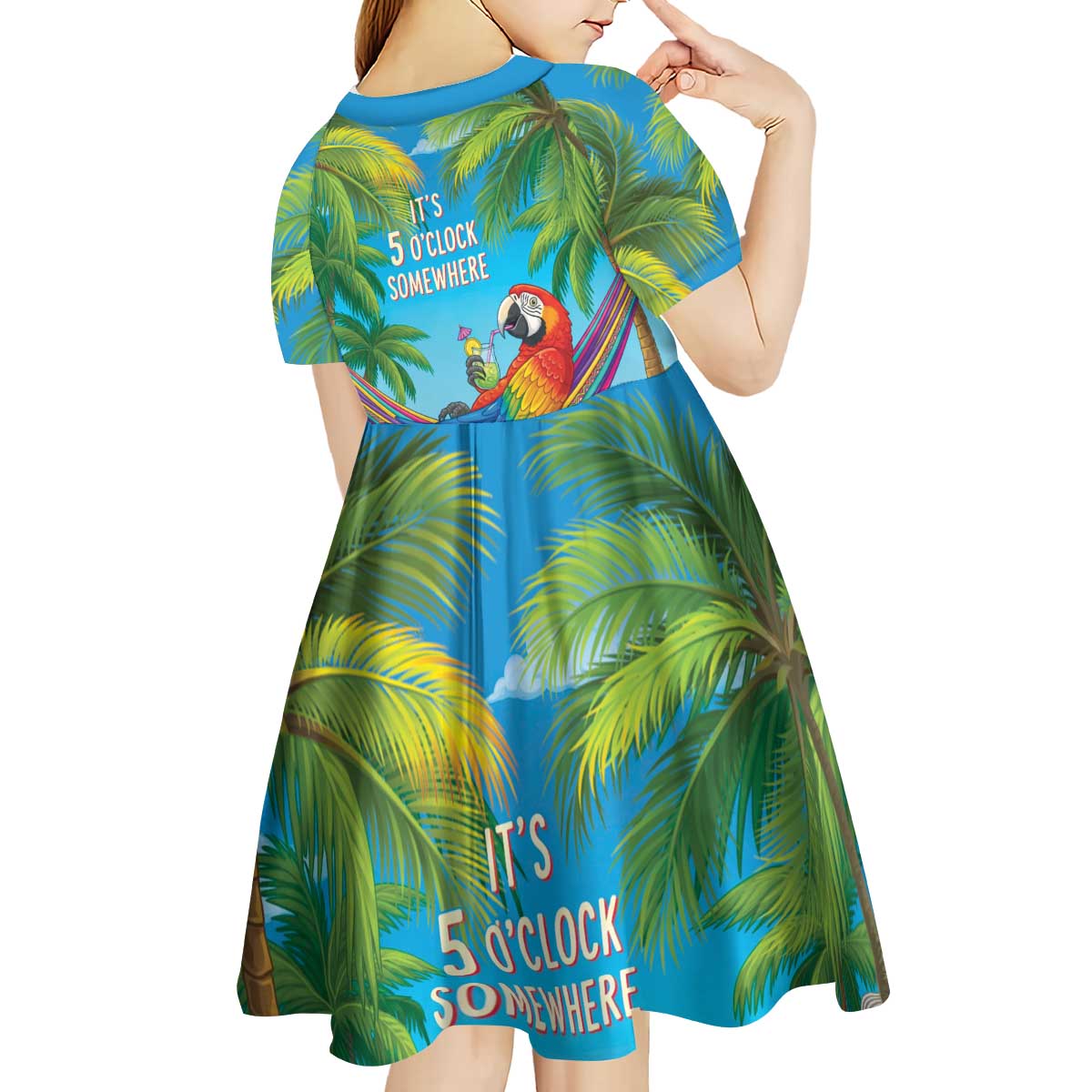 5 Oclock Somewhere Kid Short Sleeve Dress Hawaii Parrots Cocktail Summer Beach Vibe - Polynesian Pride