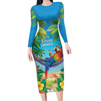 5 Oclock Somewhere Long Sleeve Bodycon Dress Hawaii Parrots Cocktail Summer Beach Vibe - Polynesian Pride