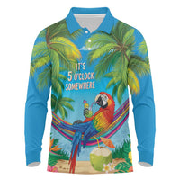 5 Oclock Somewhere Long Sleeve Polo Shirt Hawaii Parrots Cocktail Summer Beach Vibe - Polynesian Pride