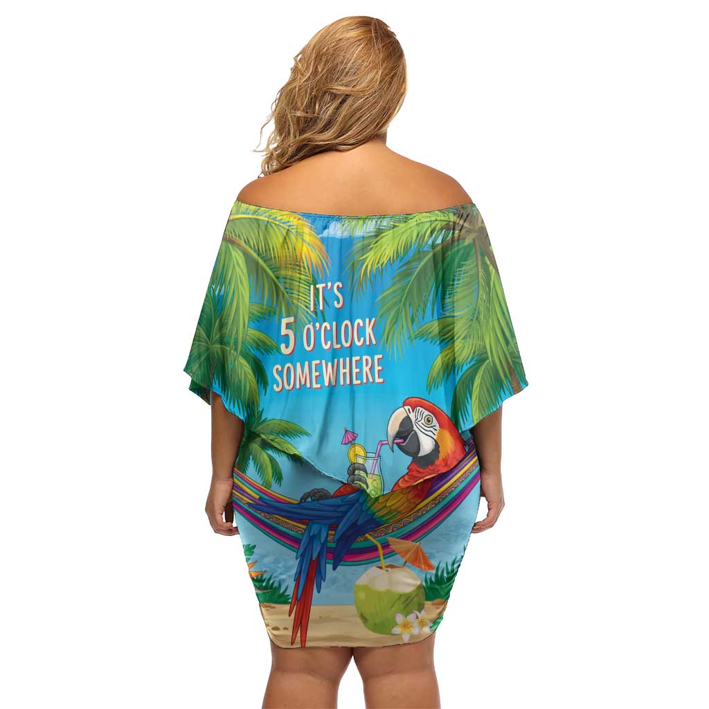 5 Oclock Somewhere Off Shoulder Short Dress Hawaii Parrots Cocktail Summer Beach Vibe - Polynesian Pride