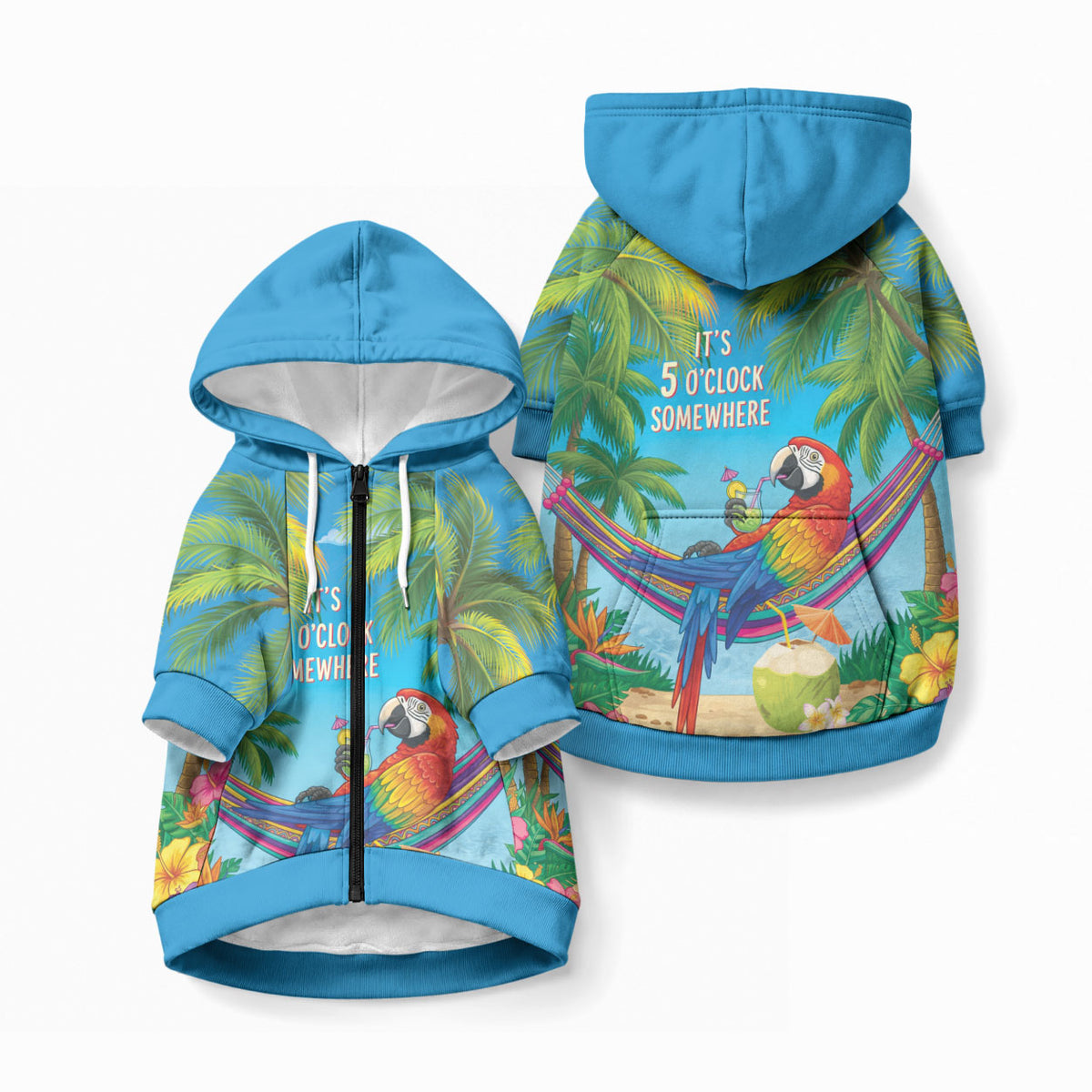 5 Oclock Somewhere Pet Hoodie Hawaii Parrots Cocktail Summer Beach Vibe LT9 Zip-up Blue - Polynesian Pride